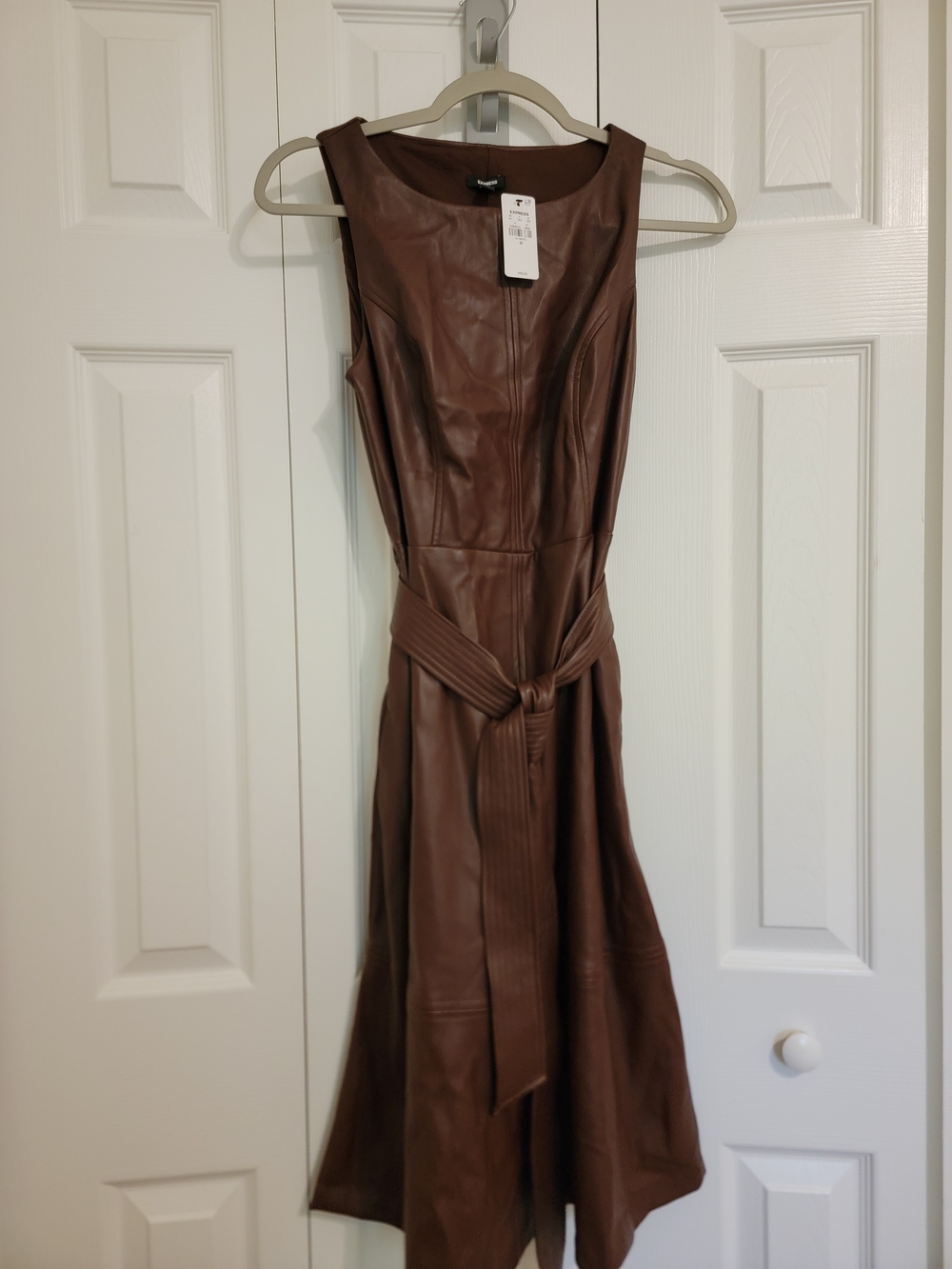 Express Brown Faux-Leather Sleeveless Belted Midi Dress